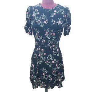 Reformation Gracie Dress Black Rose Floral Viscose Ruched Short Sleeve Mini 4